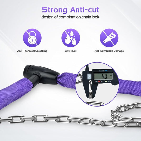 Fietsketting, diefstalbeveiliging met 2 sleutels, diefstalslot voor fiets, scooter, met waterdicht deksel, kettingslot voor fiets, motorfiets, scooter (paars, 4 x 1200 mm) - happygetfit.com
