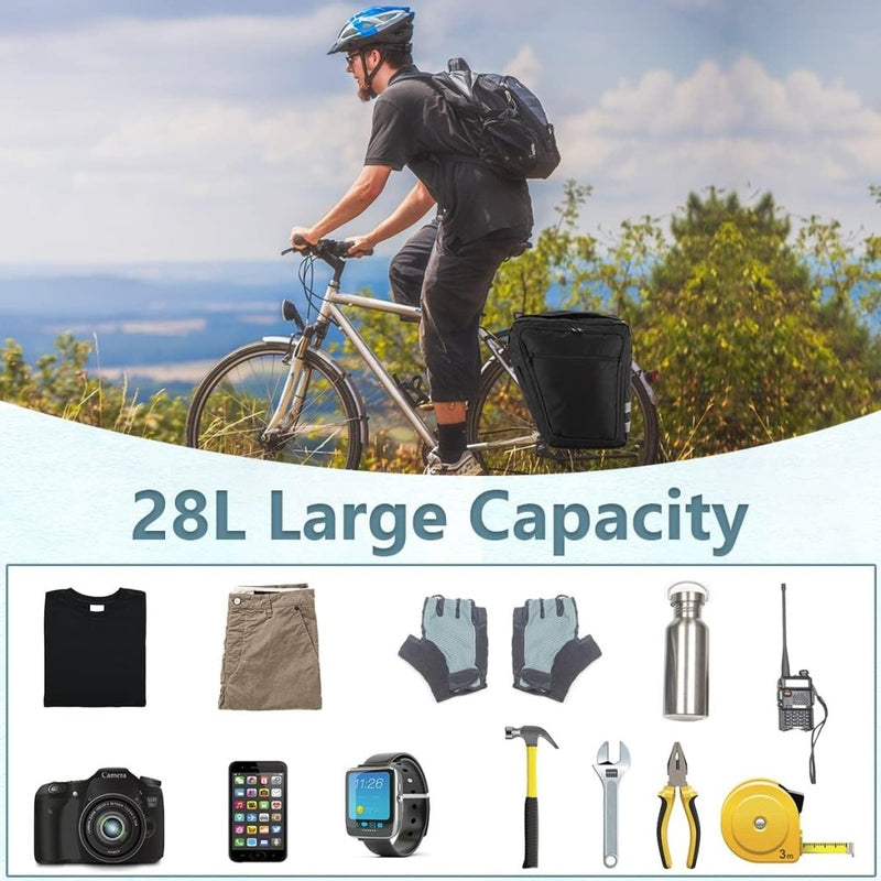 Load image into Gallery viewer, fietstassen, 28L fietsdragertas, waterdichte fietstas, duurzame fietszadeltas voor bagagedrager met reflecterende afwerking en draagriem voor racefietsen, mountainbikes (zwart) - happygetfit.com
