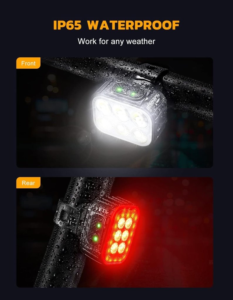 Laad afbeelding in Galerijviewer, Fietsverlichting, oplaadbaar via USB, IP65 waterdicht, led-fietsverlichting met spotlight- en schijnwerperbundel, 8 + 12 modi, super helder, voor- en achterverlichting - happygetfit.com
