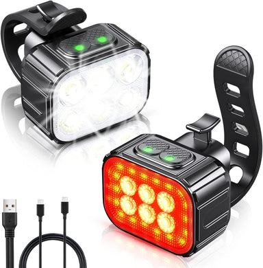 Fietsverlichting, oplaadbaar via USB, IP65 waterdicht, led-fietsverlichting met spotlight- en schijnwerperbundel, 8 + 12 modi, super helder, voor- en achterverlichting - happygetfit.com