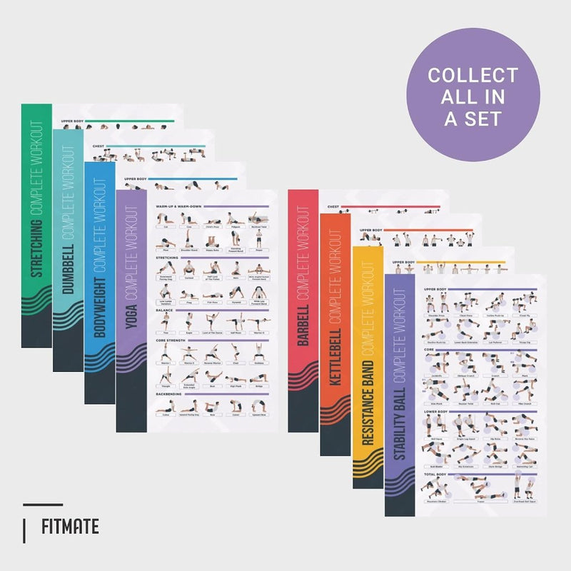 Load image into Gallery viewer, FitMate 8 Pack Workout Oefening Poster Bundel - Halter, Barbell, Lichaamsgewicht, Yoga, Stretching, Stabiliteit Bal, Weerstandsbanden, Kettlebell | Home Gym Decor, Kamer Guide (42 x 63 cm) - happygetfit.com
