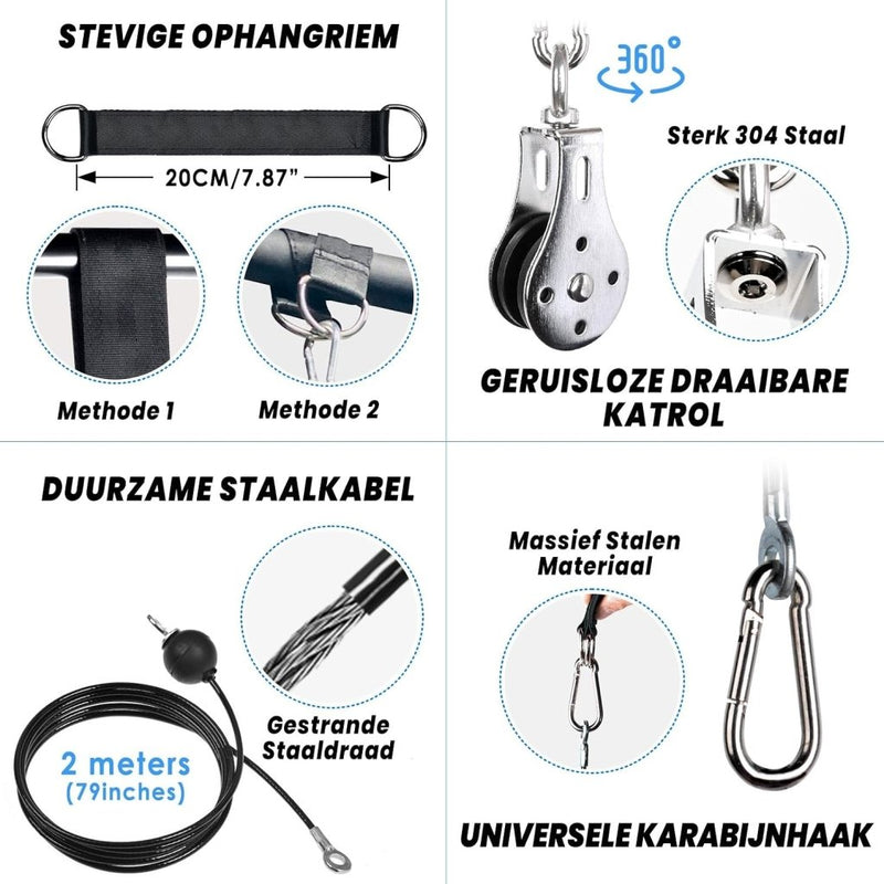 Załaduj obraz w przeglądarce galerii, Fitness kabelsysteem 3-in-1 met dubbele katrollen en 130 kg draagvermogen – pulley systeem – krachttraining - happygetfit.com
