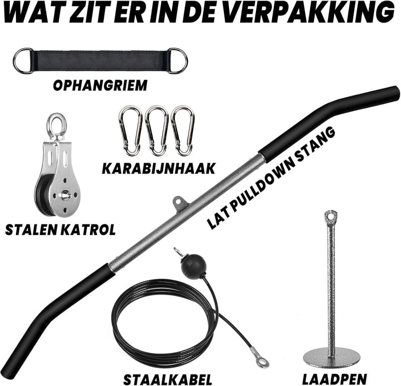 Load image in Gallery Viewer, Fitness kabelsysteem met 100 cm latstang en katrol voor thuis krachttraining – rugspiertraining – pulley accessoires - happygetfit.com
