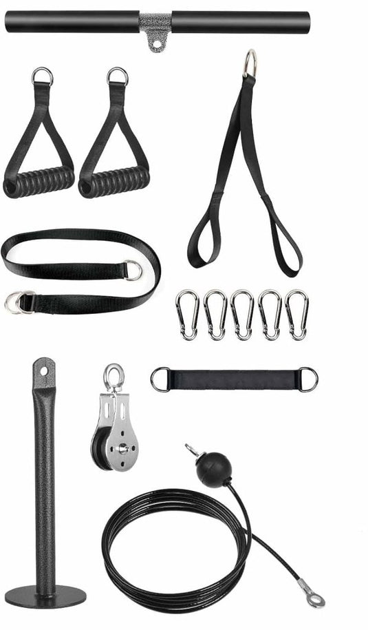 Fitness kabelsysteem met katrol, rechte stang en tricepskoord voor krachttraining – kabelmachine – pulley training - happygetfit.com