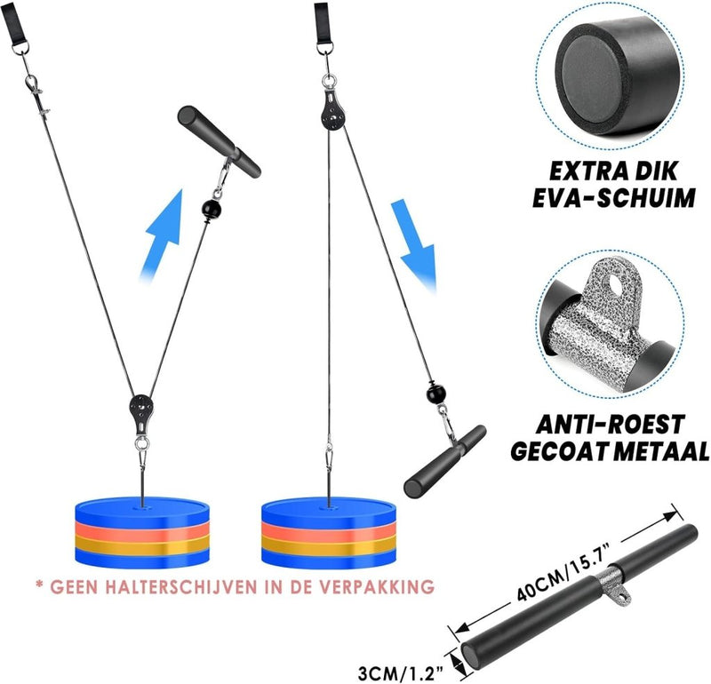 Carica l’immagine nel visualizzatore della galleria, Fitness kabelsysteem met rechte trekstang van 40 cm en verstelbare staalkabel – lat pulldown – homegym accessoires - happygetfit.com
