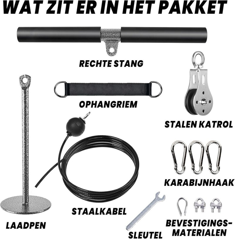 Carica l’immagine nel visualizzatore della galleria, Fitness kabelsysteem met rechte trekstang van 40 cm en verstelbare staalkabel – lat pulldown – homegym accessoires - happygetfit.com

