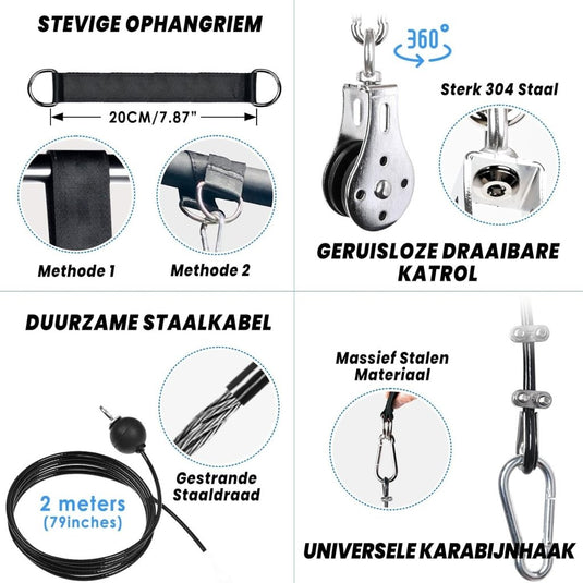 Fitness kabelsysteem met rechte trekstang van 40 cm en verstelbare staalkabel – lat pulldown – homegym accessoires - happygetfit.com