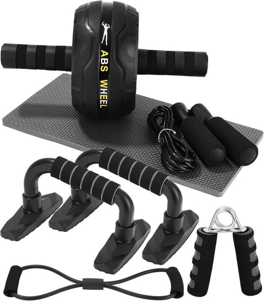Fitness trainingsset 6-in-1 met ab roller springtouw en push-up bars – fitness set – buikspiertrainer - happygetfit.com