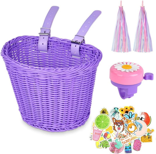 Flintronic Kinderfietsmand, handgeweven fietsmand voor kinderen, fietsmand voor meisjes, jongens, kinderen, met fietsaccessoires - happygetfit.com