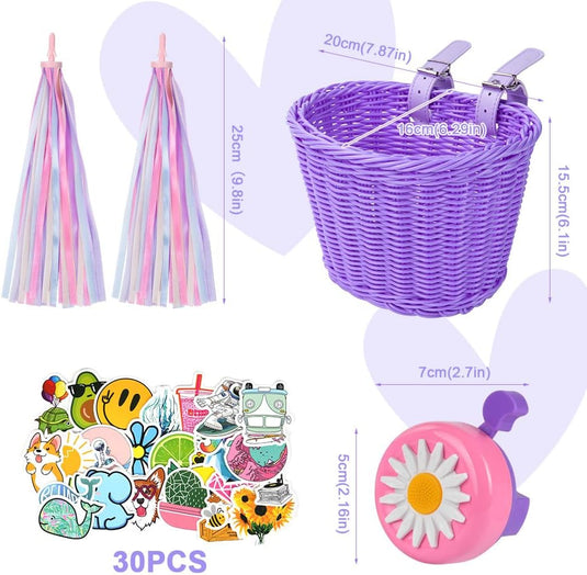 Flintronic Kinderfietsmand, handgeweven fietsmand voor kinderen, fietsmand voor meisjes, jongens, kinderen, met fietsaccessoires - happygetfit.com