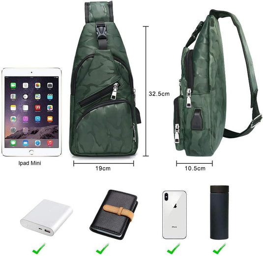 flintronic Sling Bag met USB-Oplading, Borsttas met Verstelbare Riem, Multi-Pocket Crossbody Borst Tas, Wandelen Casual Outdoor Borstzak voor Heren - happygetfit.com