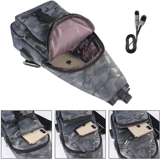 flintronic Sling Bag met USB-Oplading, Borsttas met Verstelbare Riem, Multi-Pocket Crossbody Borst Tas, Wandelen Casual Outdoor Borstzak voor Heren - happygetfit.com