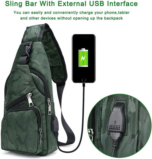 flintronic Sling Bag met USB-Oplading, Borsttas met Verstelbare Riem, Multi-Pocket Crossbody Borst Tas, Wandelen Casual Outdoor Borstzak voor Heren - happygetfit.com
