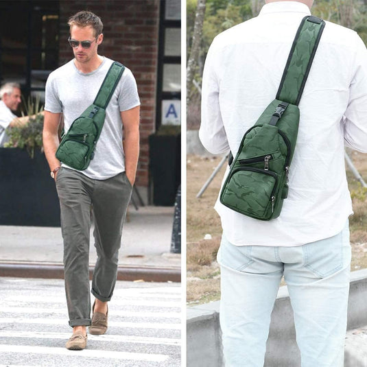 flintronic Sling Bag met USB-Oplading, Borsttas met Verstelbare Riem, Multi-Pocket Crossbody Borst Tas, Wandelen Casual Outdoor Borstzak voor Heren - happygetfit.com