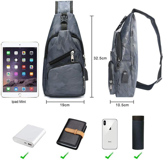flintronic Sling Bag met USB-Oplading, Borsttas met Verstelbare Riem, Multi-Pocket Crossbody Borst Tas, Wandelen Casual Outdoor Borstzak voor Heren - happygetfit.com