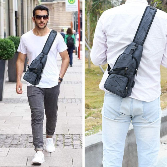 flintronic Sling Bag met USB-Oplading, Borsttas met Verstelbare Riem, Multi-Pocket Crossbody Borst Tas, Wandelen Casual Outdoor Borstzak voor Heren - happygetfit.com