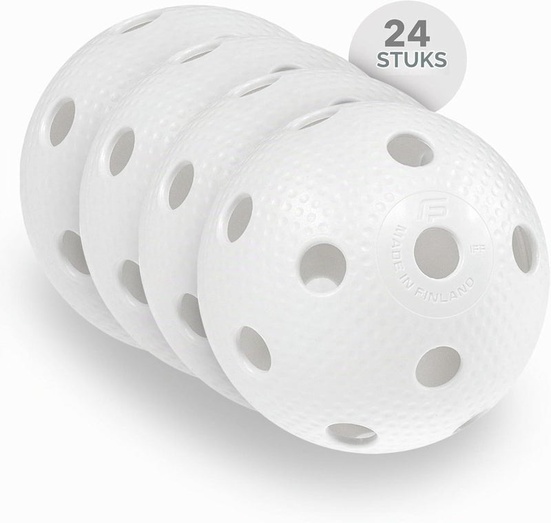 Carica l’immagine nel visualizzatore della galleria, Floorballballen 24 stuks 72 mm van kunststof met 26 gaten en IFF-goedkeuring – unihockeyballen – zaalhockey - happygetfit.com
