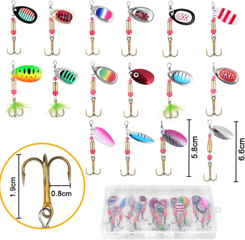 Bild im Galerie-Viewer laden, Forelspinners 16 stuks 5,8 tot 6,6 cm van messing met roterende bladen en dreggen – spinkunstaas – roofvisserij - happygetfit.com
