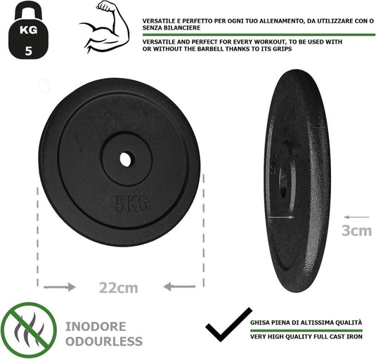 G5 HT SPORT Halterschijven van gietijzer, gatdiameter: 25 mm, voor sportschool en thuisgymnastiek, 0,5 tot 20 kg, voor halters en lange halters - happygetfit.com