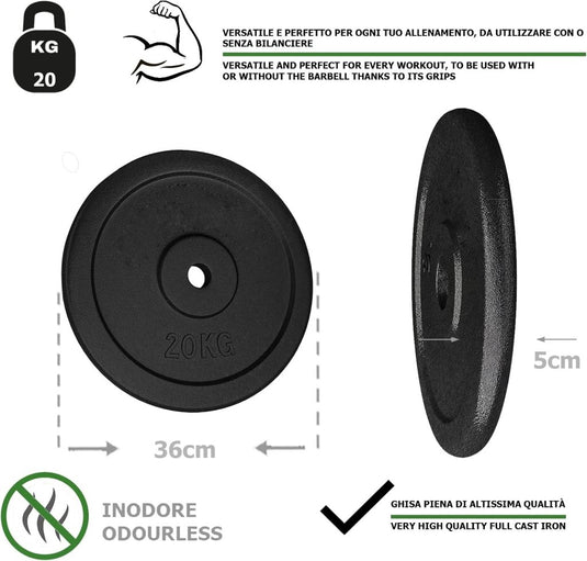 G5 HT SPORT Halterschijven van gietijzer, gatdiameter: 25 mm, voor sportschool en thuisgymnastiek, 0,5 tot 20 kg, voor halters en lange halters - happygetfit.com