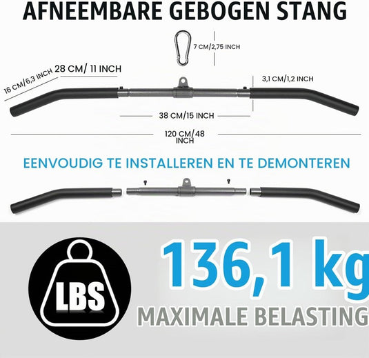 Gebogen lat pulldown bar met EVA handgrepen tot 136 kg – kabelstang – fitness accessoire - happygetfit.com