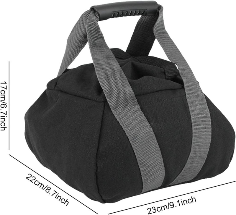 Laad afbeelding in Galerijviewer, De Krachtige zandzak voor gewichtheffen en fitness is een strakke zwarte stoffen lunchtas met grijze handvatten, ideaal voor het opbergen van snacks na de training, van 17 cm hoog, 22 cm breed en 23 cm diep.
