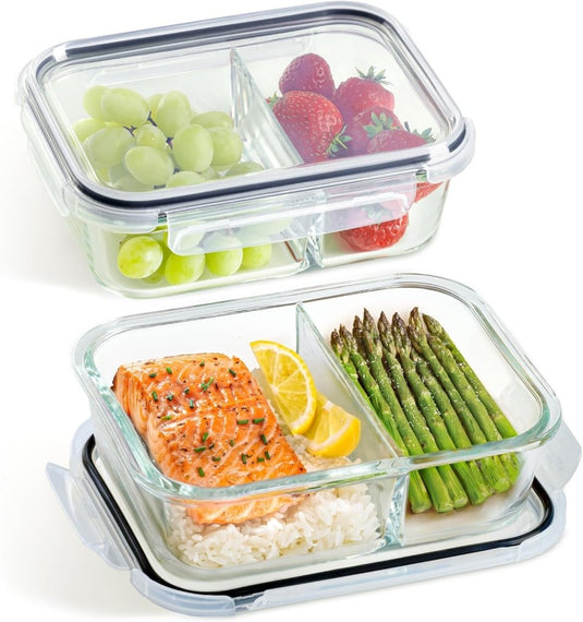 Glazen meal prep bakjes set van 2 met 3 vakken - happygetfit.com
