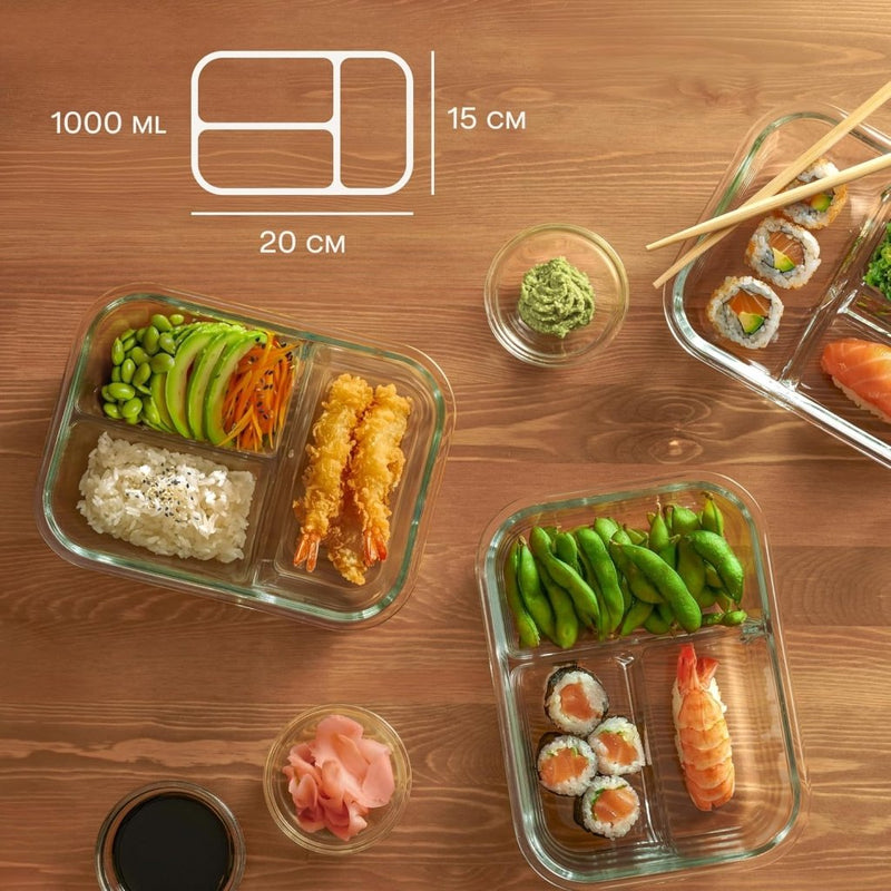 Laad afbeelding in Galerijviewer, Glazen meal prep bakjes set van 2 met 3 vakken - happygetfit.com
