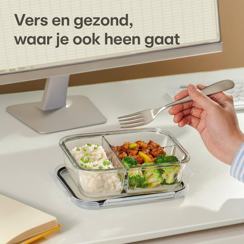 Laad afbeelding in Galerijviewer, Glazen meal prep bakjes set van 2 met 3 vakken - happygetfit.com
