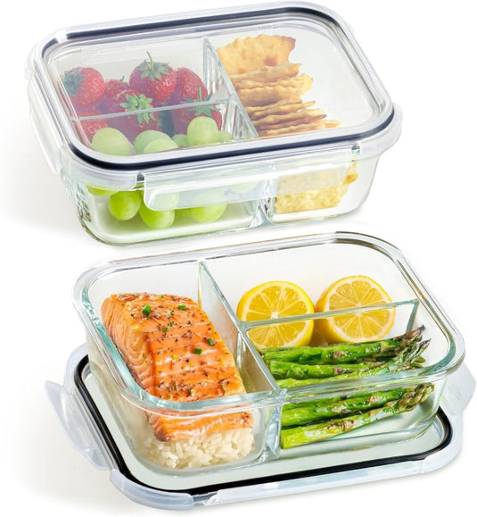 Glazen meal prep bakjes set van 2 met 3 vakken - happygetfit.com