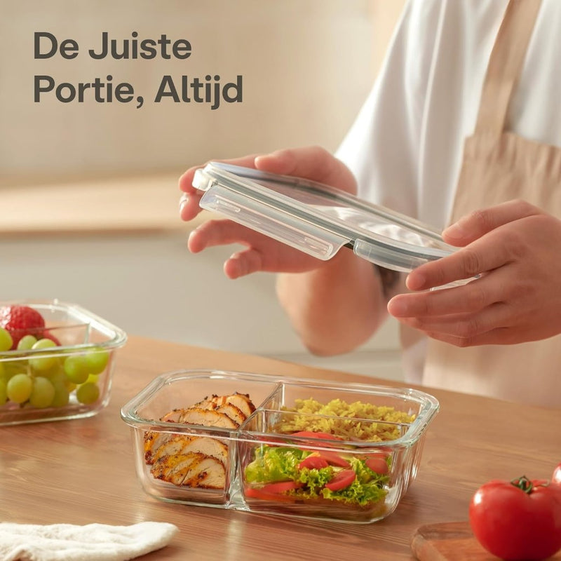 Laad afbeelding in Galerijviewer, Glazen meal prep bakjes set van 2 met 3 vakken - happygetfit.com

