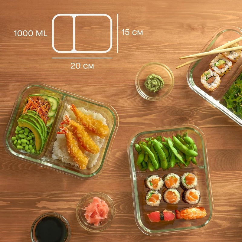 Laad afbeelding in Galerijviewer, Glazen meal prep bakjes set van 2 met 3 vakken - happygetfit.com
