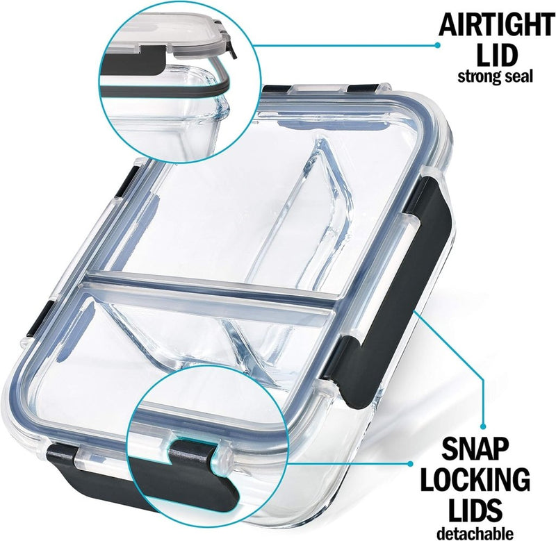 Laad afbeelding in Galerijviewer, Glazen meal prep bakjes set van 3 met 3 vakken - happygetfit.com
