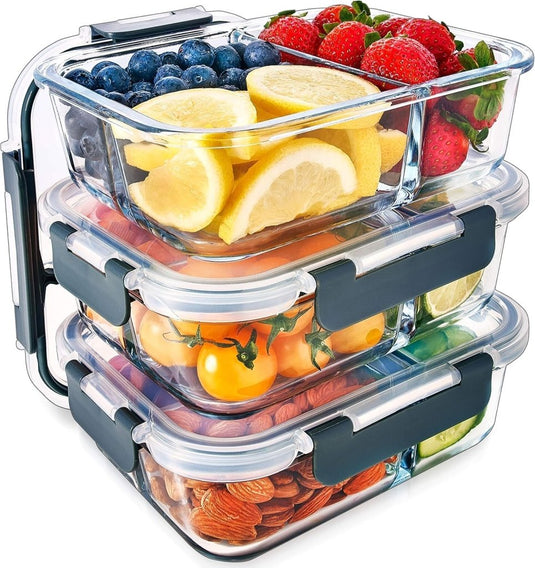 Glazen meal prep bakjes set van 3 met 3 vakken - happygetfit.com