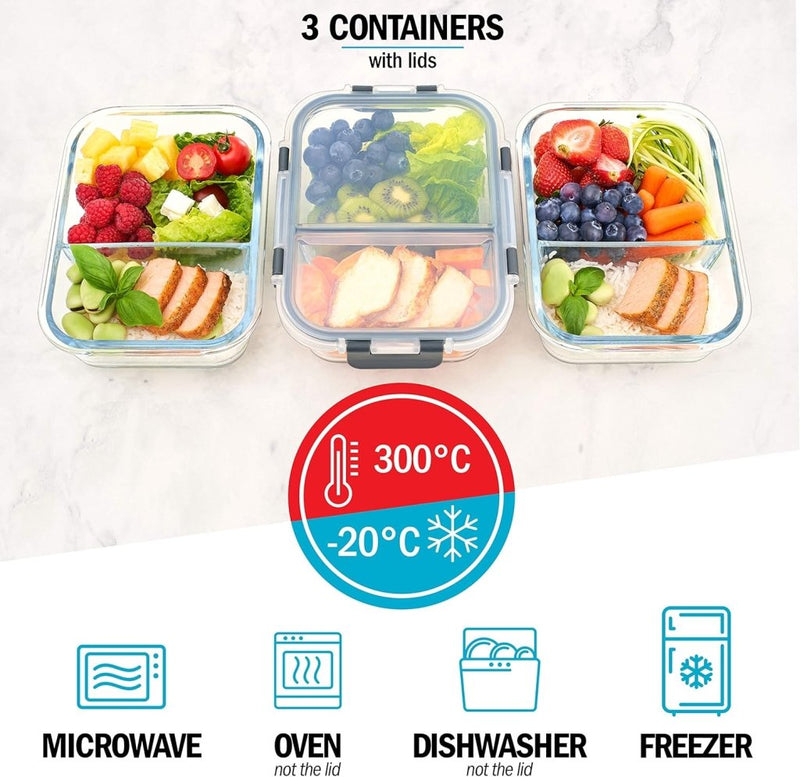 Laad afbeelding in Galerijviewer, Glazen meal prep bakjes set van 3 met 3 vakken - happygetfit.com
