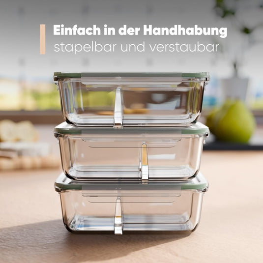 Glazen meal prep bakjes set van 3 met 3 vakken - happygetfit.com