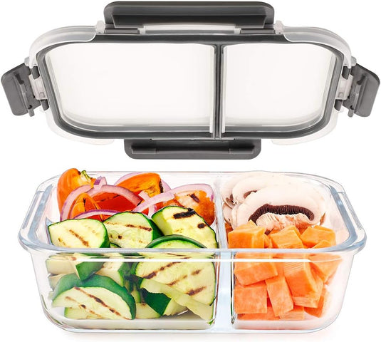 Glazen meal prep bakjes set van 3 met 3 vakken - happygetfit.com