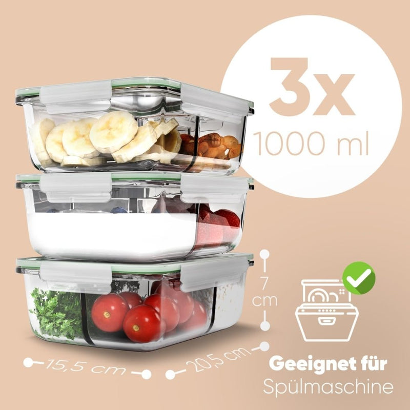 Laad afbeelding in Galerijviewer, Glazen meal prep bakjes set van 3 met 3 vakken - happygetfit.com
