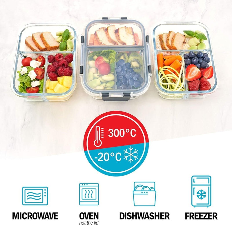 Laad afbeelding in Galerijviewer, Glazen meal prep bakjes set van 3 met 3 vakken - happygetfit.com
