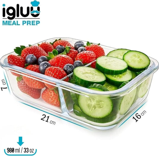Glazen meal prep bakjes set van 3 met 3 vakken - happygetfit.com