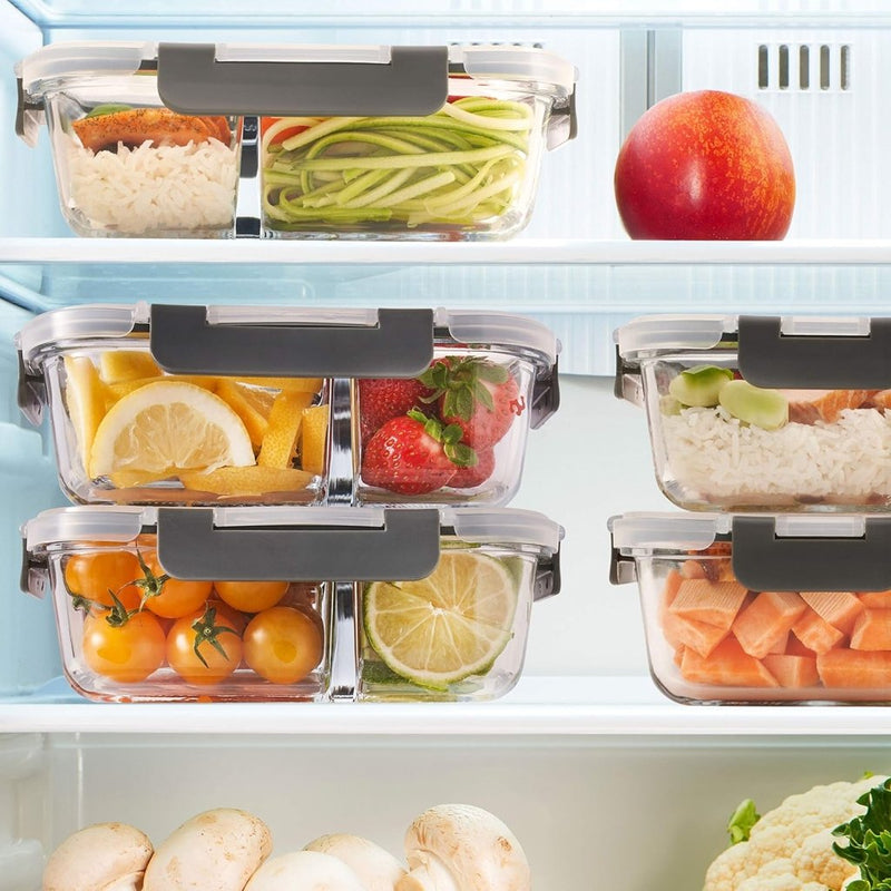 Laad afbeelding in Galerijviewer, Glazen meal prep bakjes set van 3 met 3 vakken - happygetfit.com
