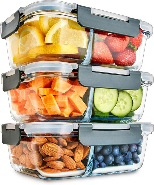 Glazen meal prep bakjes set van 3 met 3 vakken - happygetfit.com