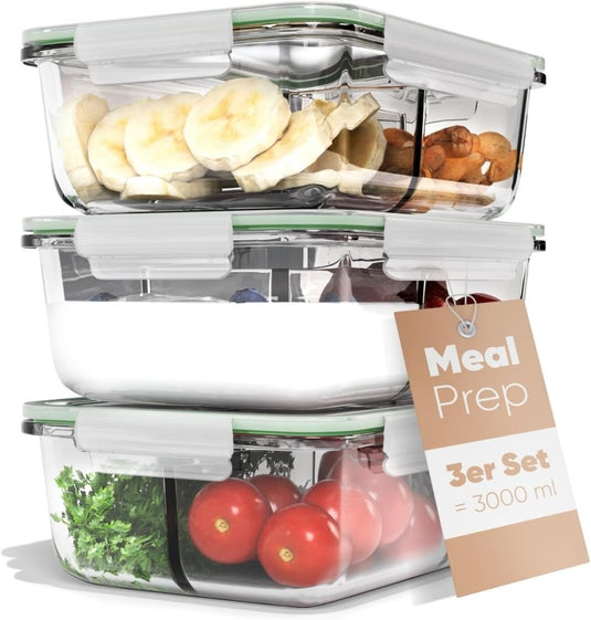 Glazen meal prep bakjes set van 3 met 3 vakken - happygetfit.com