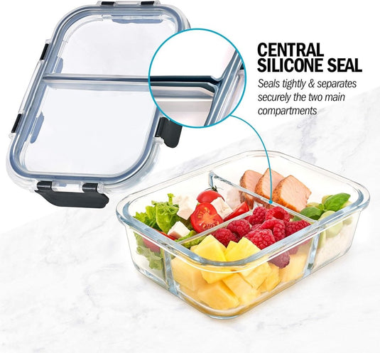 Glazen meal prep bakjes set van 3 met 3 vakken - happygetfit.com