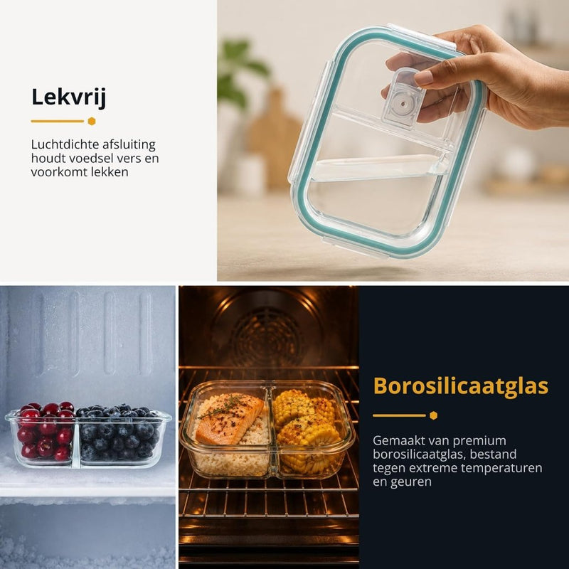 Laad afbeelding in Galerijviewer, Glazen meal prep bakjes set van 5 met 2 vakken - happygetfit.com
