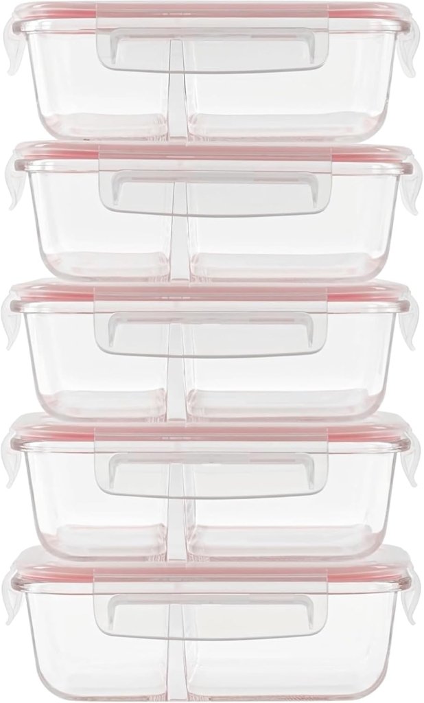 Laad afbeelding in Galerijviewer, Glazen meal prep bakjes set van 5 met 2 vakken - happygetfit.com
