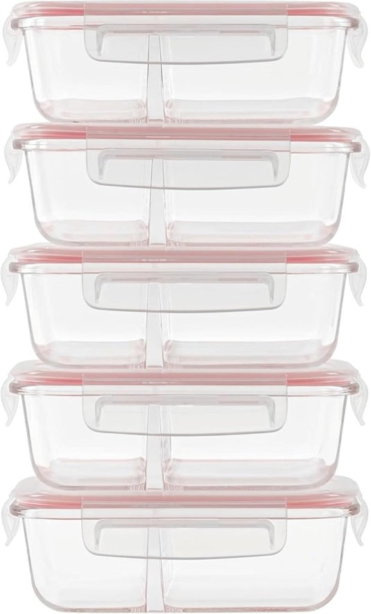 Glazen meal prep bakjes set van 5 met 2 vakken - happygetfit.com