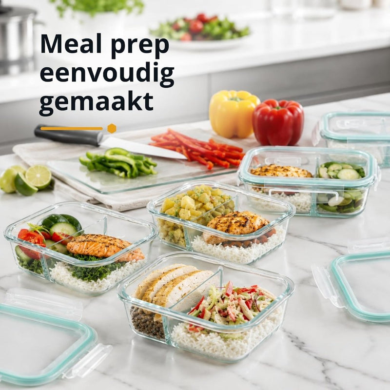Laad afbeelding in Galerijviewer, Glazen meal prep bakjes set van 5 met 2 vakken - happygetfit.com
