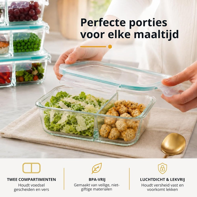 Laad afbeelding in Galerijviewer, Glazen meal prep bakjes set van 5 met 2 vakken - happygetfit.com
