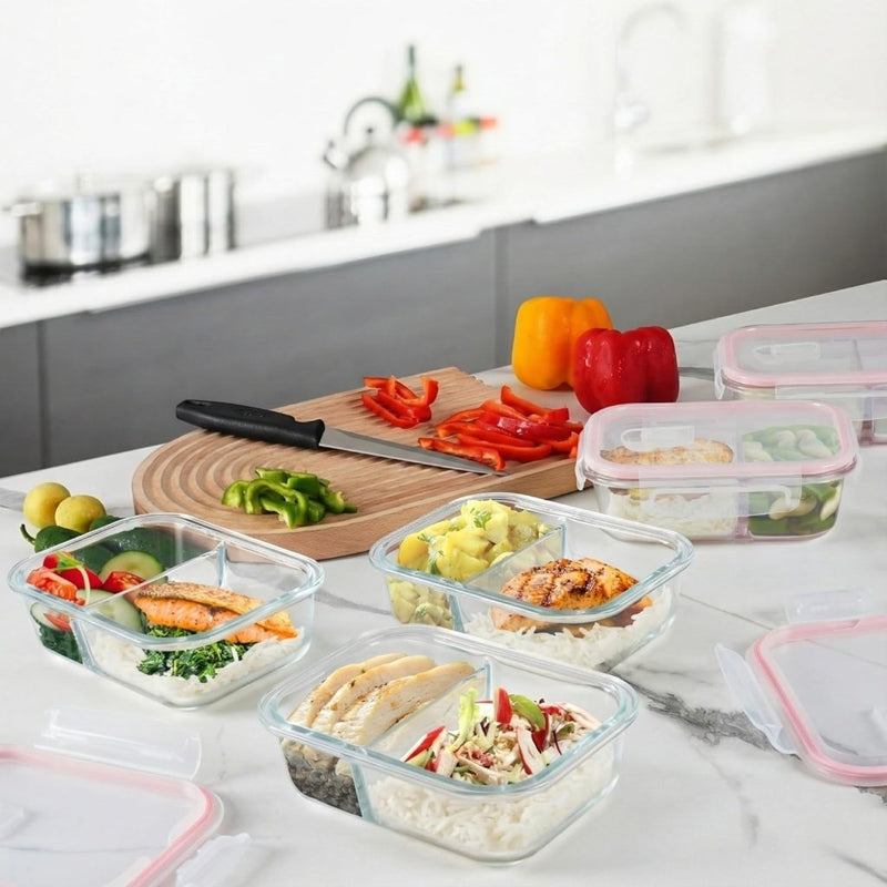 Laad afbeelding in Galerijviewer, Glazen meal prep bakjes set van 5 met 2 vakken - happygetfit.com
